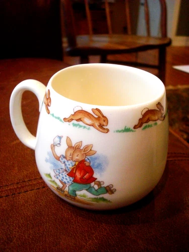 Vintage Royal Doulton Bunnykins Peter Rabbit Skating Mug Cup Bone China 8 oz.