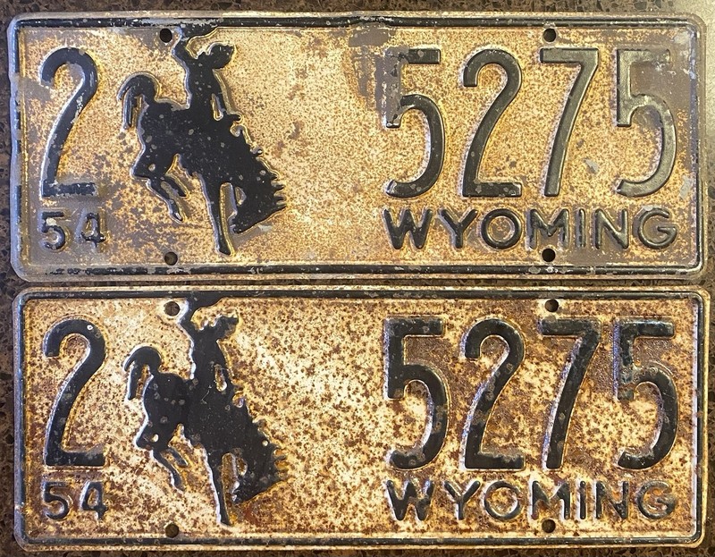 1954 Wyoming License Plate Pair - Original Rustic Condition