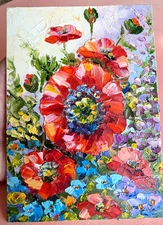  Red Poppies ORIGINAL OIL Painting , impasto 7"x5" by Olga Diduh.