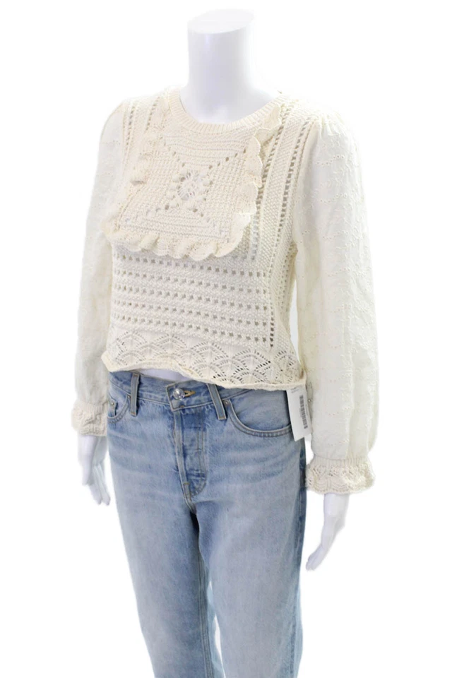 Suéter Zara Mujer Crochet Ojales Mangas Largas Blanco Algodón Talla Pequeña Foto 2 de 4