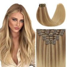 Youngsmile Human Hair Extensions Clip in 7Pcs 16 Inch Balayage Golden Brown to