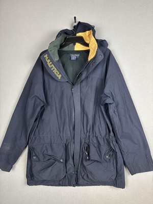 Vintage Nautica Jacket Mens Large Blue Hooded Parka Mesh Lined Logo Embroidered