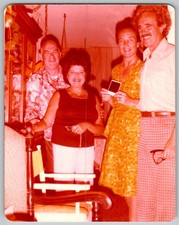 Vtg Color Snapshot Two Couples Smiling Man In Plaid Pants Woman With Pic 1970s