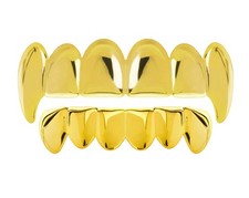 Men's Gold Plated Top Bottom Teeth Vampire Fangs Grillz SET Hip Hop L020/S001G