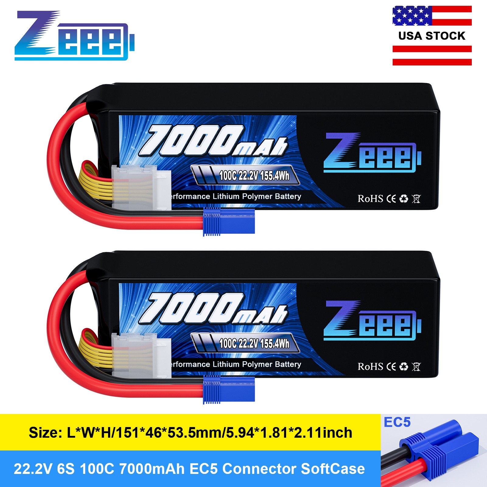 2xZeee 6S Lipo Battery 7000mAh 22.2V 100C EC5 for RC Car Truck Tank Racing Hobby