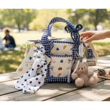 Madden Girl Navy Mini Tote Bag Gingham Fruit Embroidered New With Tags