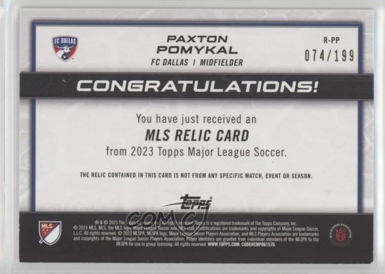 2023 Topps MLS Relics Blue /199 Paxton Pomykal #R-PP - Image 2 of 2