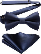 Mens Bow Ties Solid Color Pre Tied Bowtie and Pocket Square Set Classic Formal T
