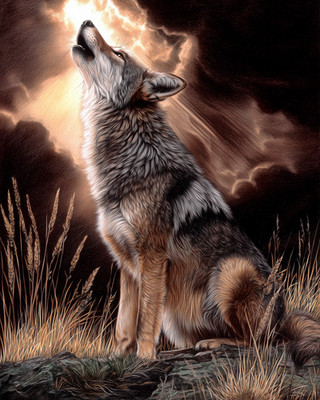 8x10 Wolf howling under stormy sky - dramatic clouds and grass - 190715321