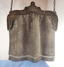 Antique German silver soldered mesh evening purse purple glass push closure