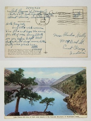 1944 Lake Chelan WA Postcard - Fresh Water Beauty Cascade Mountains Pine Tree