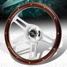 Universal 350mm W-power Dark Wood Grip 6-hold Vintage Steering Wheel 4-spoke