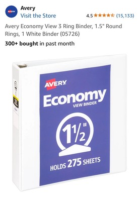 Avery Economy View 3 Ring Binders, 1.5'' Round Rings, 12 White Binders (05726)