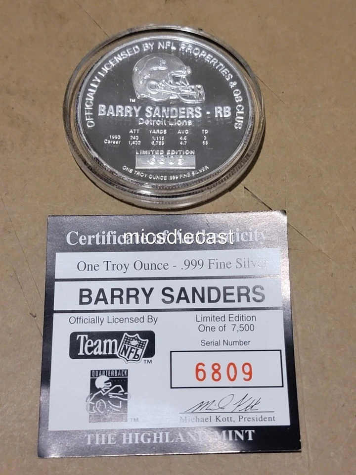 Auténtica moneda de plata de prueba Barry Sanders de la NFL de 1 oz como nueva sin circular .999 Foto 3 de 3
