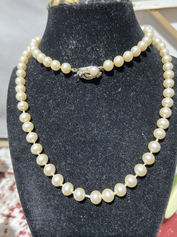 Vintage Faux Pearl Necklace 32 In, Silver Tone, Rhinestone Clasp