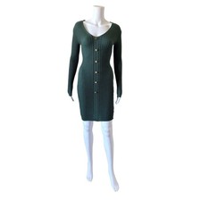 Shein Sweater Dress Womens XS Green Ribbed Bodycon V Neck Long Sleeve Stretch