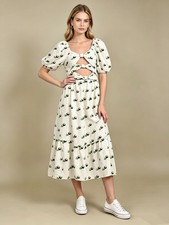 NWOT Farm Rio Linen Blend Cutout Tie Front Embroidered Tiered Midi Dress Size XS