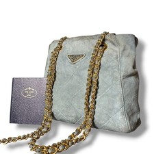 PRADA Chain Shoulder Bag Quilted Suede Triangle Logo White Tag Stylish Formal