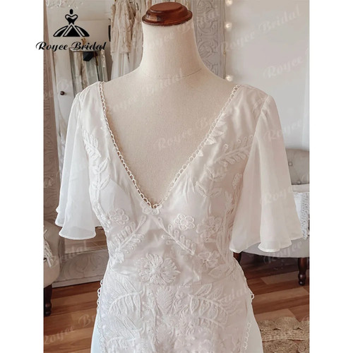 Sexy Boho Short Sleeve Chiffon Bohemian Beach Women Wedding Dress Bridal Gown - Picture 3 of 13