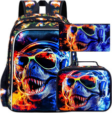 3PCS Dinosaur Backpack for Boys, Water Resistant Kids Bookbag with Lunch Box, 17