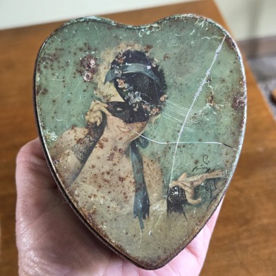 1920's Harrison Fisher Coquette Heart Shaped Hinged Small Tin Tindeco Art Deco