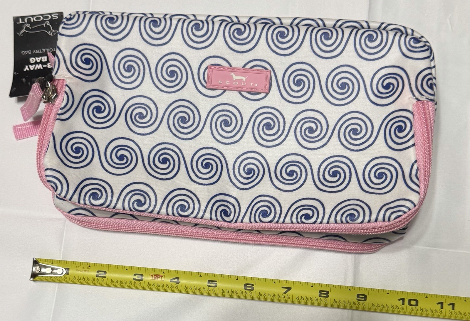 Scout Blue Swirls And Pink Trim Fabric Makeup Bag with Zippe