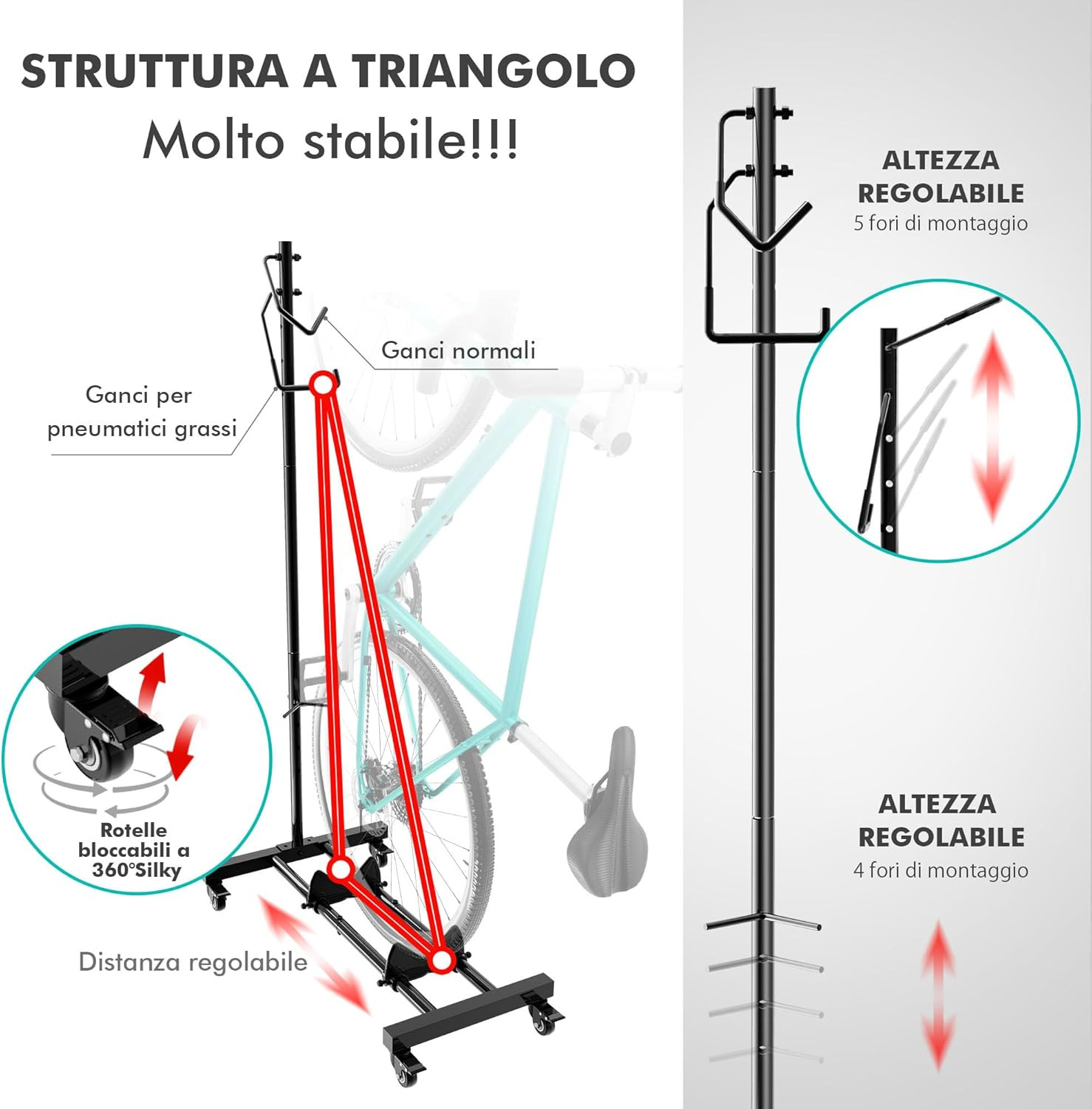 Portabici Con Ruote, per Mountain Bike E Bici Da Corsa Fino a 29 Pollici, Regola foto 3