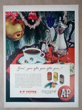 1940s A&P Christmas Tree Ornaments Coffee Service Vintage Poster Print Ad