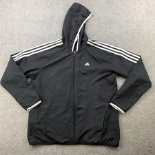 Adidas Jacket Womens Large Black Hooded Full Zip 3-Stripes Track Windbreaker