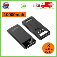 Portable Power Bank 10000mAh Fast Charging Battery with 3 Built in Cable BLK/WHT