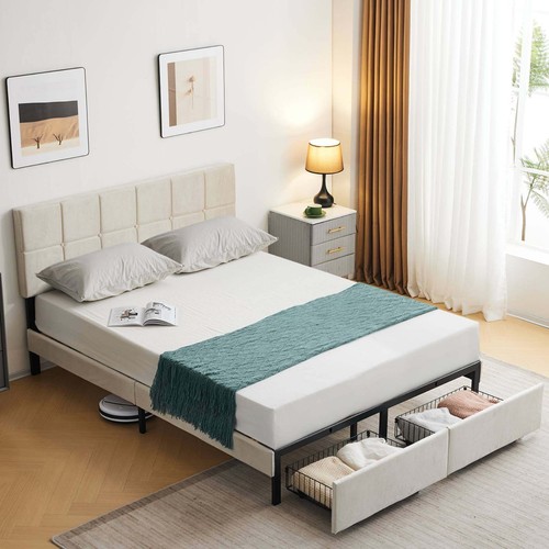 Queen Size Platform Bed Frame with 2 Drawers, Fabric Upholstered Headboard