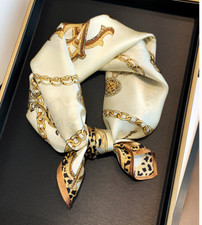 100 Silk Scarf Women Vintage Chain Leopard Point Print Neckerchief Bandana 53cm