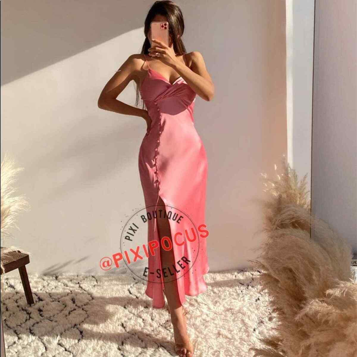 ZARA NEW SATIN BUTTONED SLIP DRESS MIDI BUBBLE GUM PINK S,M ZARA NEW SATIN BUTTONED SLIP DRESS MIDI BUBBLE GUM PINK S,M