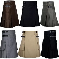 Men's Scottish Highland Cotton Utility Kilt Traditional 2 Cargo Pockets Kilt