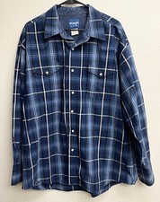 Vintage Wrangler Pearl Snap Western Shirt Blue Plaid Long Sleeve Size 2XL EUC