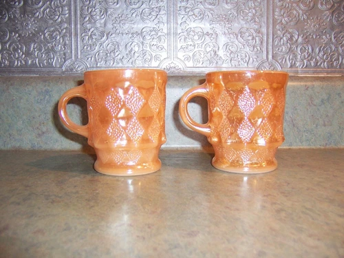 Fire King  Kimberly  Diamond Anchor Hocking Coffee Mug Peach Luster Set of 2