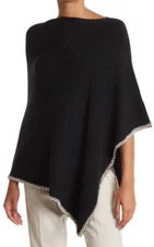 La Fiorentina Poncho Sweater Wrap Women One Size Black Faux Pearl Embellished 