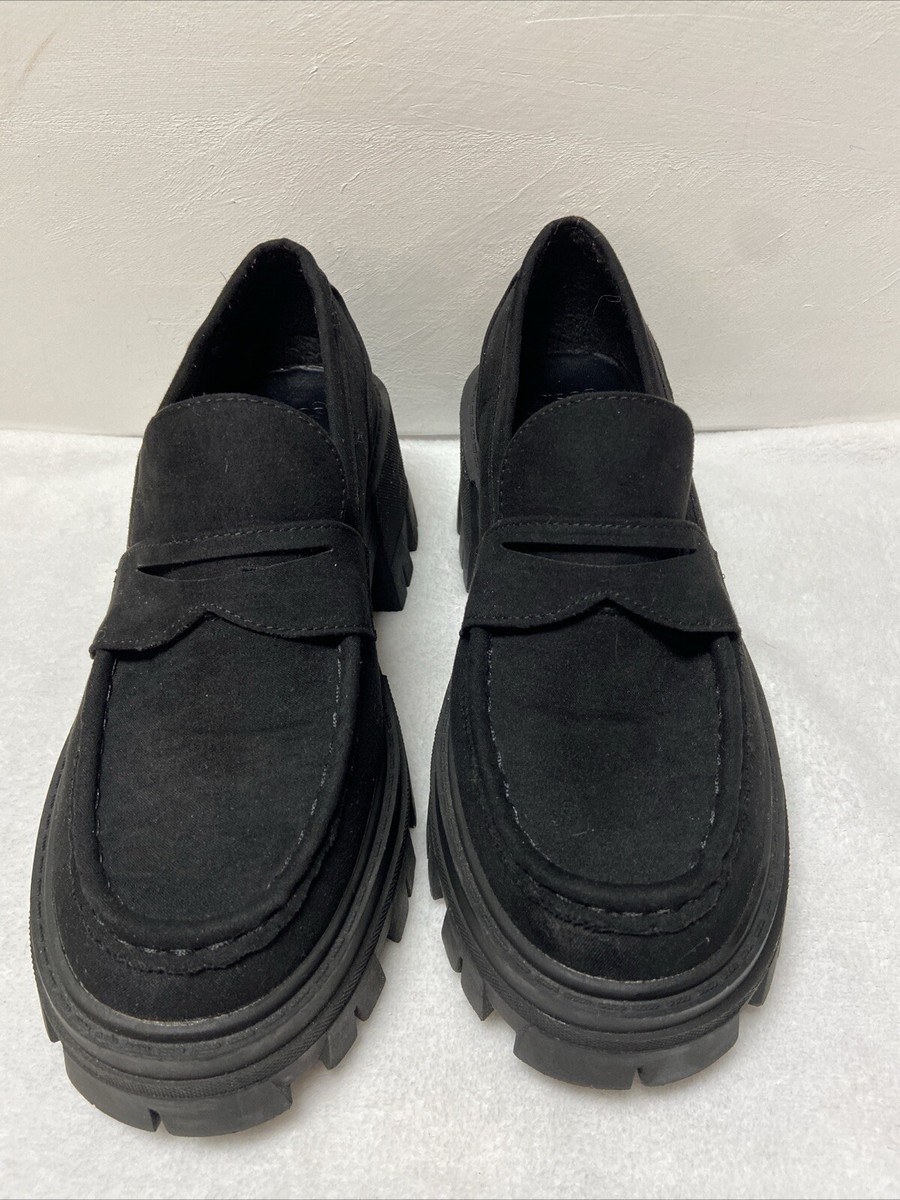 ASOS DESIGN Chunky Mid Heeled 90s Loafers Black Suede Women's Size