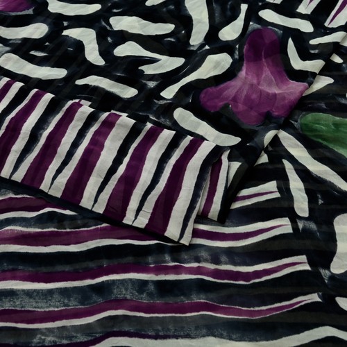 Indian Vintage Sari Black & Purple Pure Georgette Silk Printed Saree Sewing Soft - Imagen 19 de 22