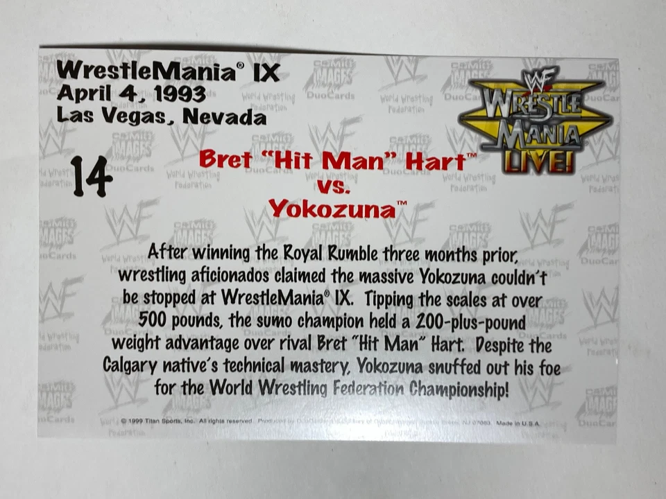 WWF Picture Card #14 Bret Hit Man Hart Yokozuna Wrestle Mania IX Titan 1990s 4X6 - Image 3 of 4