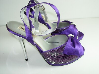 WOMENS PURPLE SILVER SATIN STILETTO SANDALS ANKLE