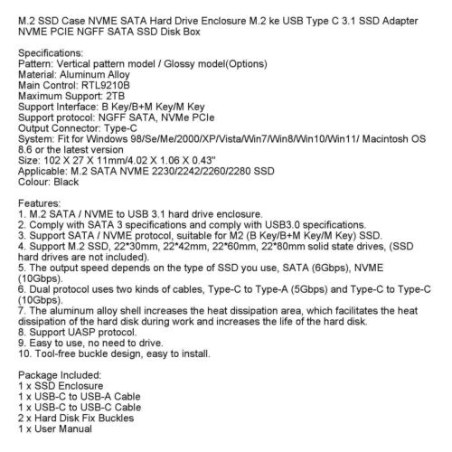 M.2 NVME SSD Adapter USB 3.1 Case Hard Drive Enclosure Dual Protocol Box - Afbeelding 3 van 13