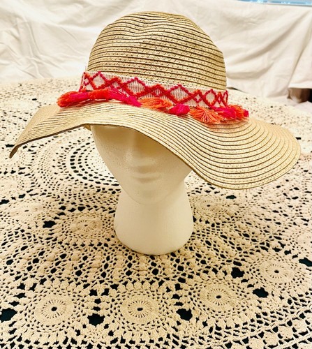 Women’s Weaved Straw Beige Sun Hat Pink & Orange Tassels Around Brim One Size - Picture 4 of 12