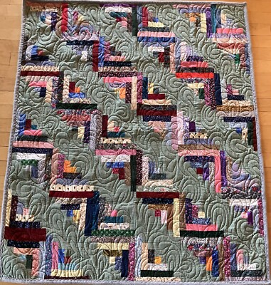 Multi color homemade Log cabin Patchwork Quilt 51 1/2''x 60'' Gray Fleece backing