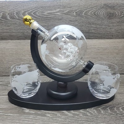 Galleon Glass Ship Sculpture Whiskey Decanter Set w/ Base and 2 Globe Tumblers