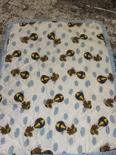 Vintage Tailored Baby Blue Ruffle Quilted Blanket Bears Hot Air Balloon 35x40