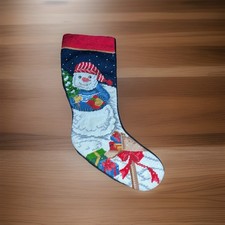 VTG Wool Embroidered Snowman Stocking Holiday Blue Velvet Backing