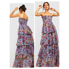 5338) Boohoo Chiffon 6 Strapless Bandeau Floral Smocked Boho Tiered Maxi Dress 