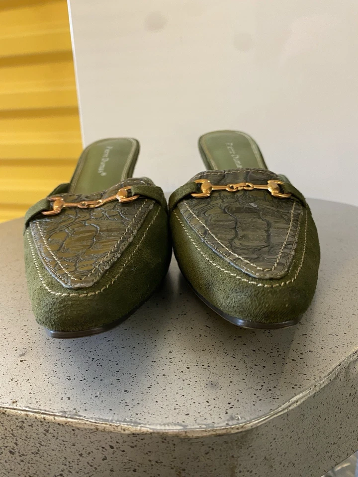 PIERRE DUMAS Kitten Heel Mule Croc Embossed Suede Deep Green Gold Buckle Sz. 11M - Image 4 of 4