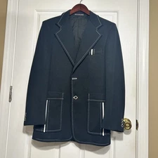 Vintage 1970s Black Leisure Suit Jacket with White Accents See Measurements